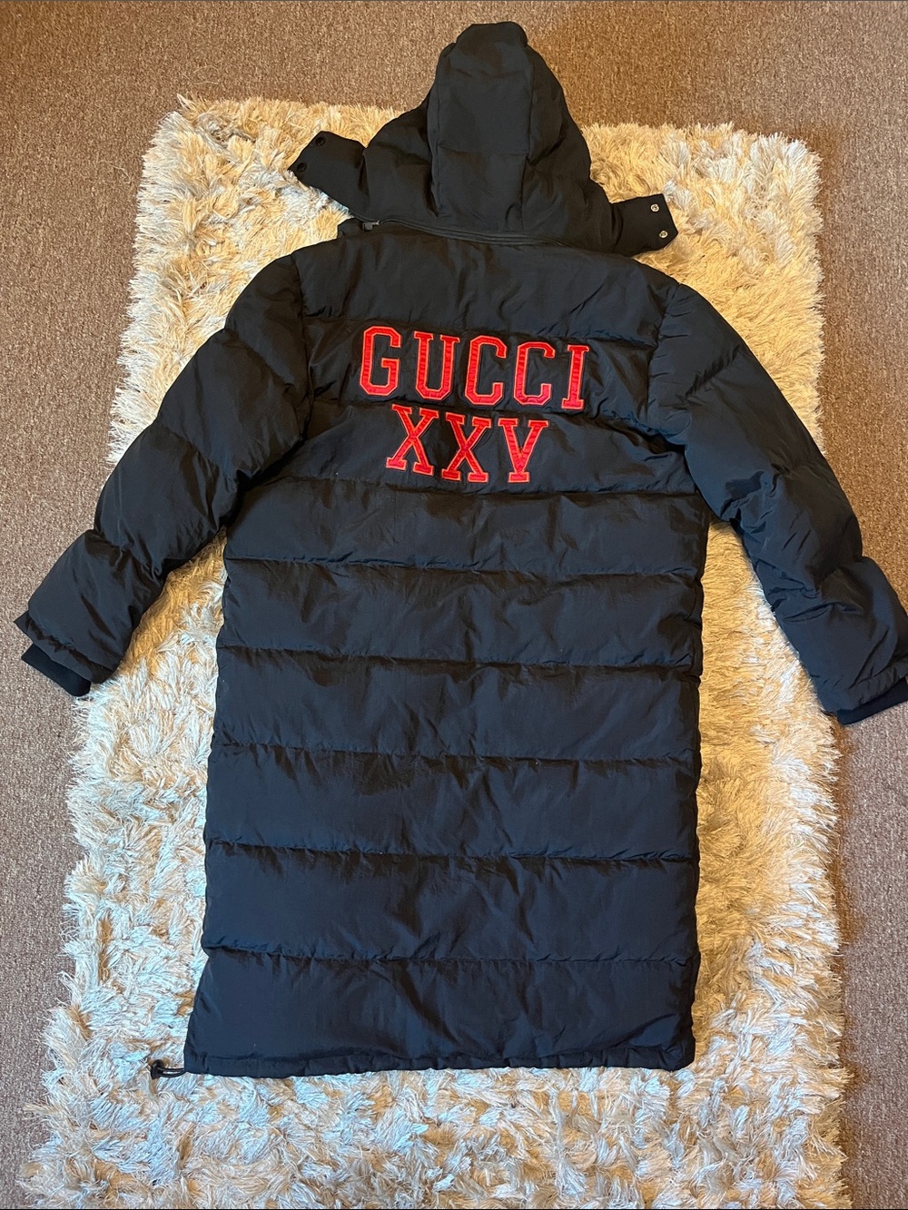 Gucci Black Long Puffer Coat with Red Logo